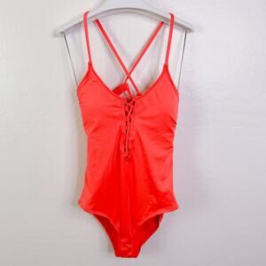 Laundry by Design Plunge Lace Up One Piece Swimsuit Swimwear Coral Medium NWT